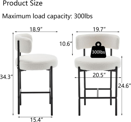 Boucle Bar Stools Set of 3, 24" Modern Counter Stools with Backs, White Upholstered Barstools for Kitchen Island, Bar, Cafe-1