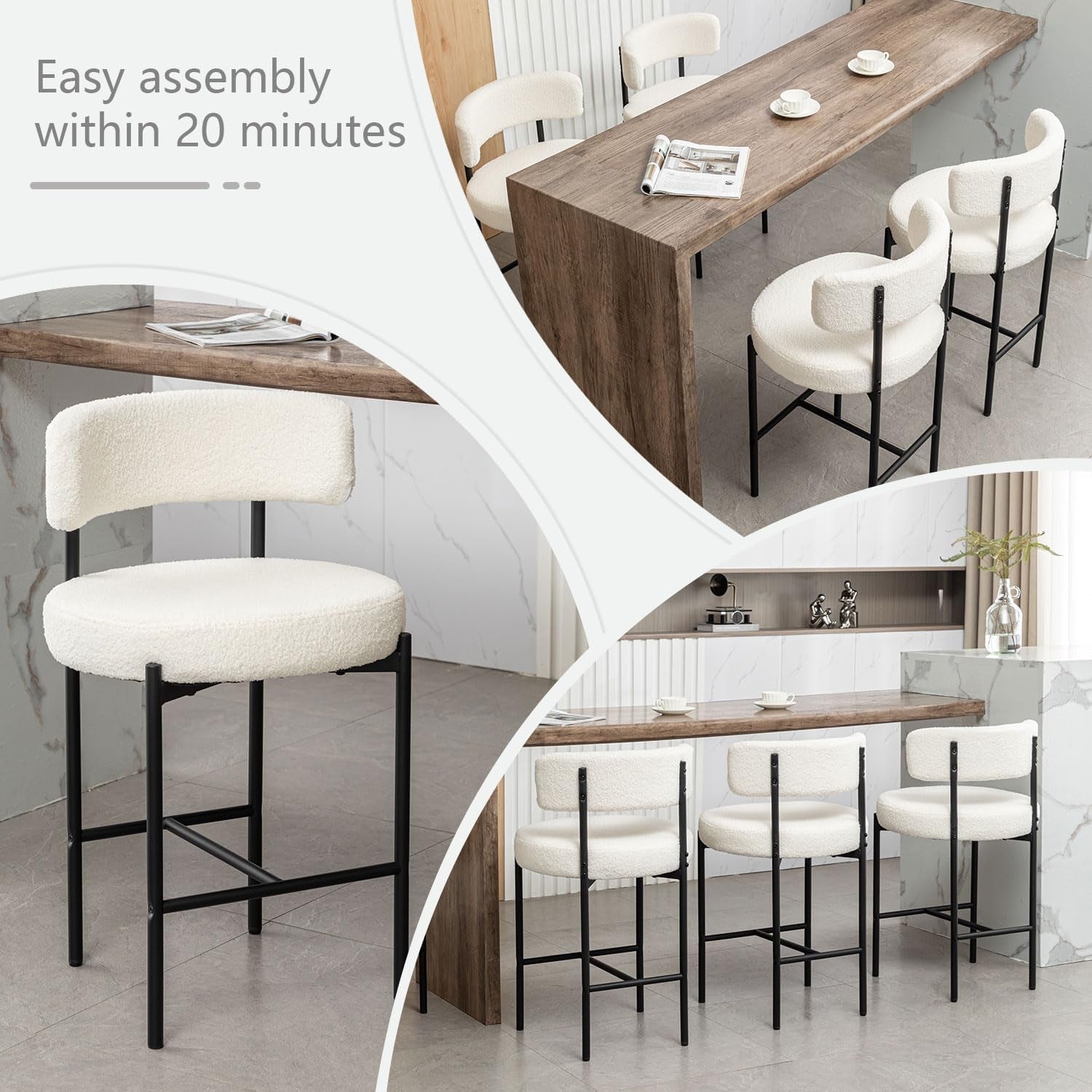 Boucle Bar Stools Set of 3, 24" Modern Counter Stools with Backs, White Upholstered Barstools for Kitchen Island, Bar, Cafe-4