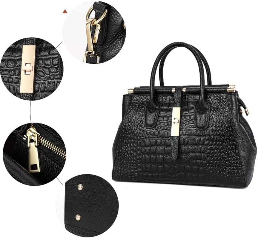 Genuine Leather Crocodile Print Handbag - Large Capacity, Detachable Strap, Color-Blocked, Women'S Cross-Body Tote