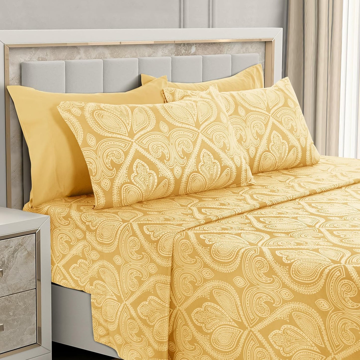 LUX Décor Paisley Queen Sheet Set – 6 Piece Ultra-Soft Microfiber Bed Sheets with Flat Sheet, 16 Inches Deep Pocket Fitted Sheet & 4 Pillowcases, Breathable, Bedroom Decor, Oeko-Tex – Navy Blue