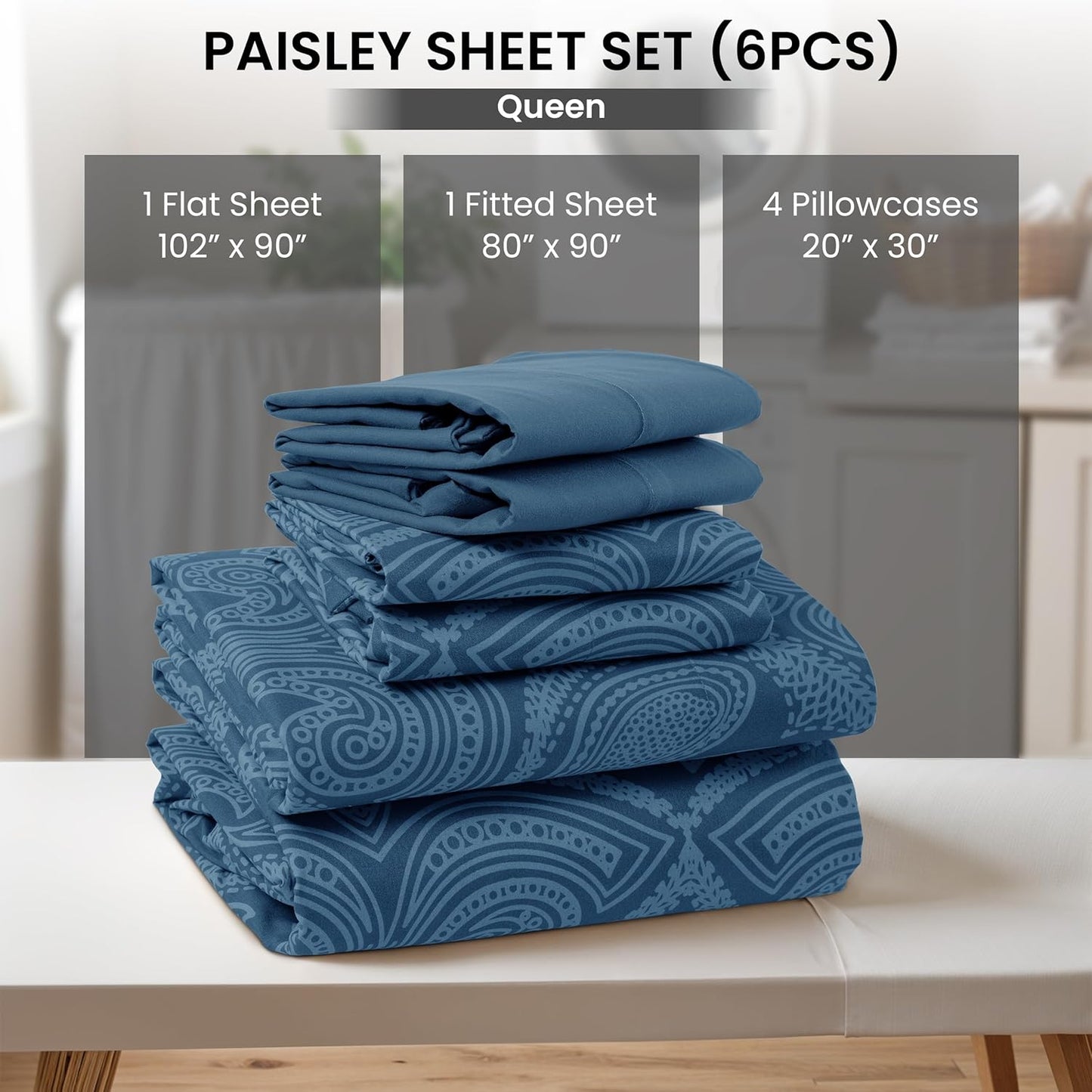 LUX Décor Paisley Queen Sheet Set – 6 Piece Ultra-Soft Microfiber Bed Sheets with Flat Sheet, 16 Inches Deep Pocket Fitted Sheet & 4 Pillowcases, Breathable, Bedroom Decor, Oeko-Tex – Navy Blue