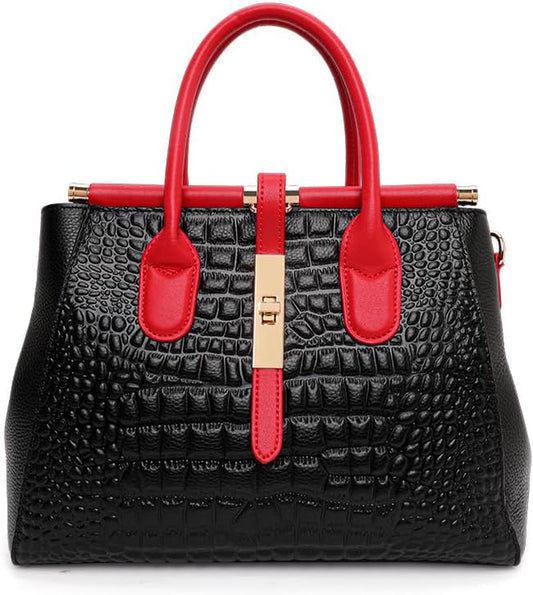 Genuine Leather Crocodile Print Handbag - Large Capacity, Detachable Strap, Color-Blocked, Women'S Cross-Body Tote