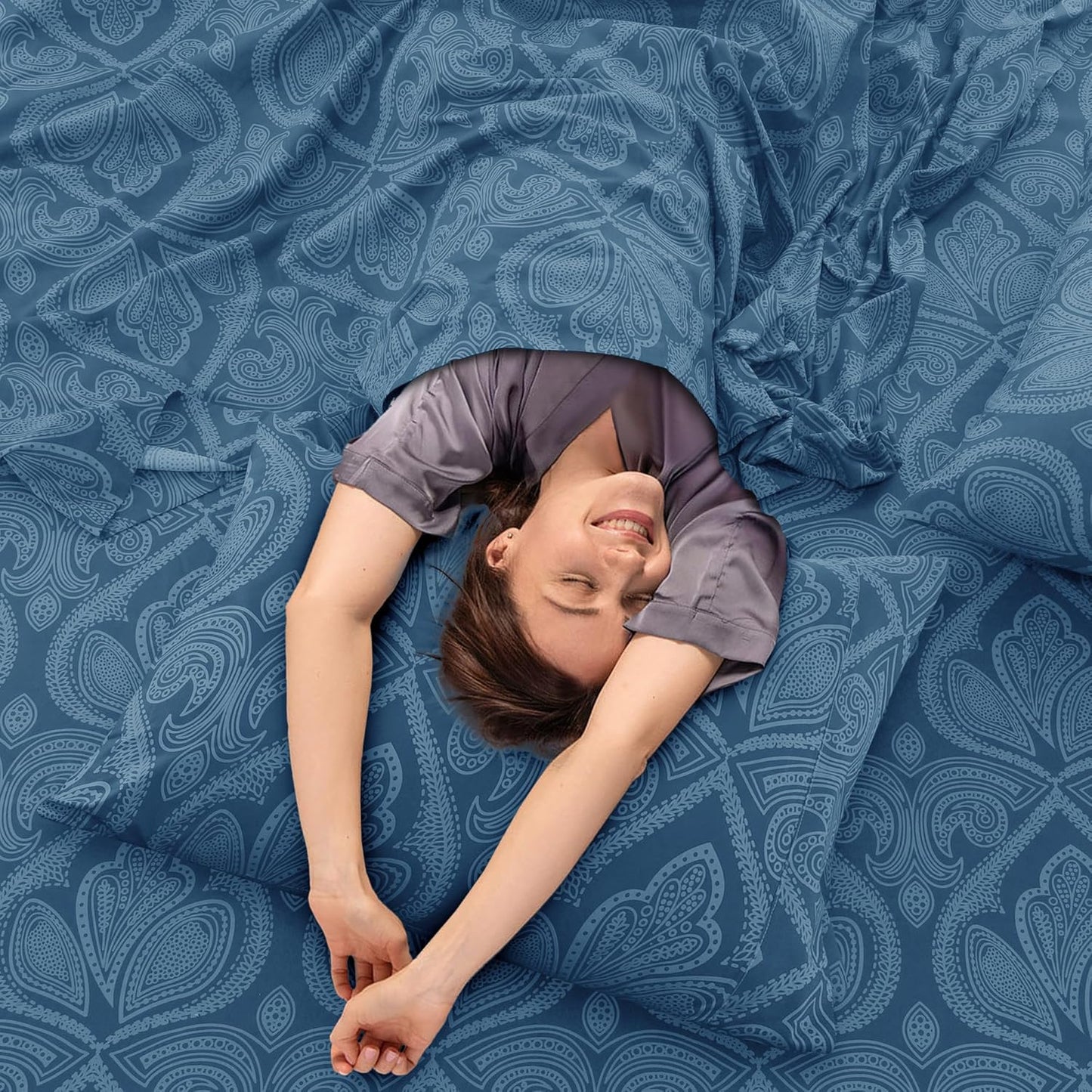 LUX Décor Paisley Queen Sheet Set – 6 Piece Ultra-Soft Microfiber Bed Sheets with Flat Sheet, 16 Inches Deep Pocket Fitted Sheet & 4 Pillowcases, Breathable, Bedroom Decor, Oeko-Tex – Navy Blue