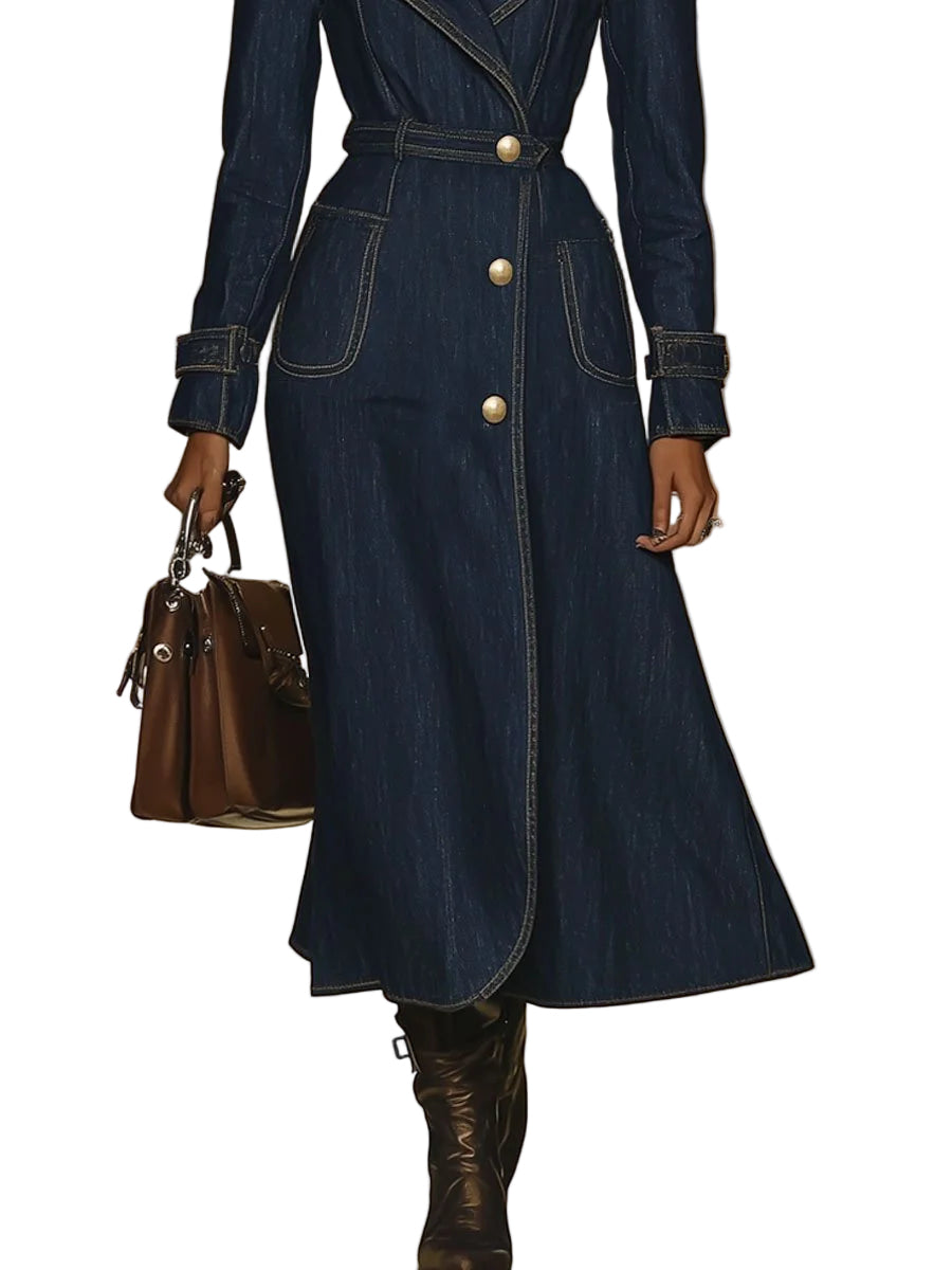 【24-Hour Shipping Out】Casual Retro Pocket Denim Long Sleeve Dress Style Trench Coat