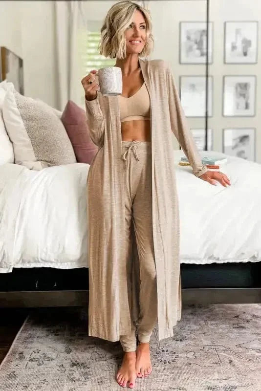 Duster Cardigan and Skinny Pants Lounge Set - Parchment-1