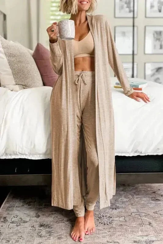 Duster Cardigan and Skinny Pants Lounge Set - Parchment-0