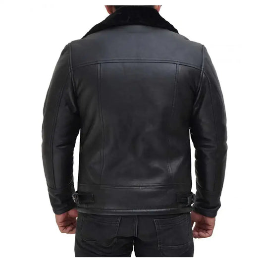 Mens Black Shearling Leather Bomber Jacket-1