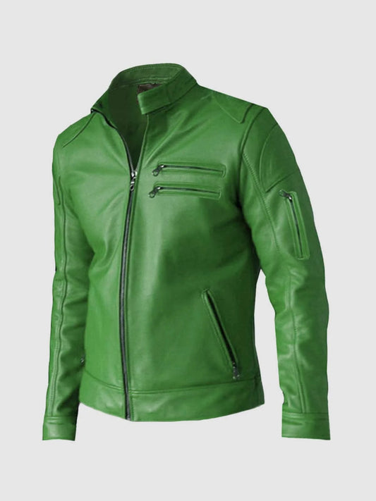 Regular Fit Part Wear Men Green Leather Jacket-0