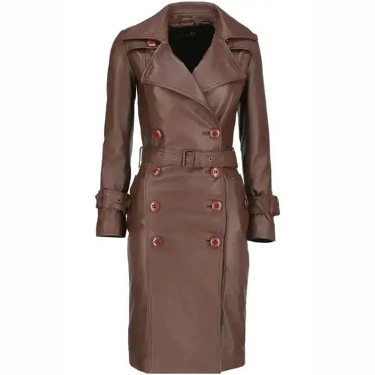Women's Brown Leather Long Coat-0